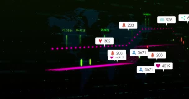 그래프와 배경에 지도를 막대의 애니메이션 디지털 홀로그램 일러스트레이션 보고서 비즈니스 — 비디오