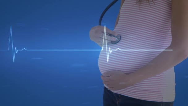 Heartbeat Caucasian Woman Listening Her Pregnant Belly Stethoscope Blue Pregnancy — Stock Video