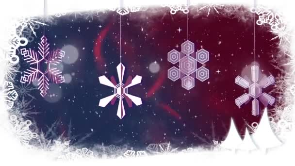 Animación Adornos Navideños Nieve Cayendo Sobre Fondo Púrpura Navidad Tradición — Vídeos de Stock