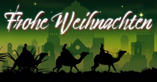 Animação Frohe Wihnachten Texto Sobre Três Homens Sábios Fundo Verde — Vídeo de Stock