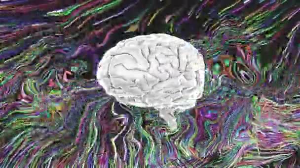 Girar Cérebro Humano Sobre Ondas Líquidas Coloridas Ciência Tecnologia Saúde — Vídeo de Stock