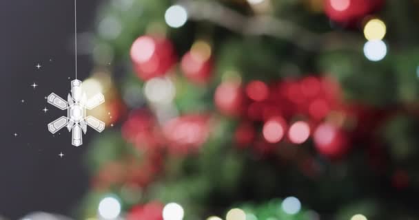 Animación Texto Navidad Feliz Sobre Copo Nieve Fondo Del Árbol — Vídeos de Stock