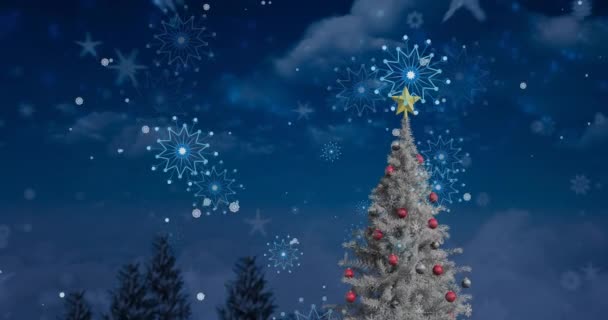 Mutlu Noeller Yeni Yıl Afişleri Noel Ağacı Üzerine Düşen Kar — Stok video