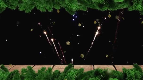 Animace Jedlových Větví Nad Ohňostrojem Černém Pozadí Silvestr Oslavy Tradiční — Stock video