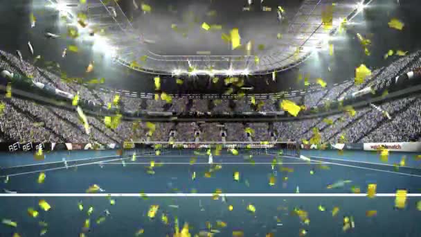 Tenis Kortunun Karşısında Düşen Altın Konfetilerin Animasyonu Spor Turnuvası Etkinlik — Stok video