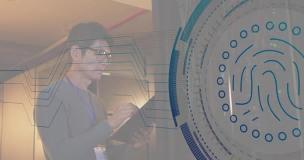 Animation Biometric Fingerprint Scanner Asian Male Engineer Using Working Server — Stock Video