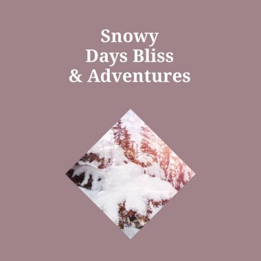 Karlı günler, mutluluklar ve maceralar yılbaşı zamanı karla kaplı orman manzaralı kahverengi metinler. Kışın kutlanması, doğa, hava, selamlama ve Noel mevsimi, dijital olarak oluşturulan görüntü.