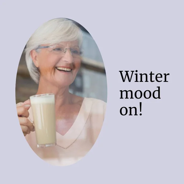 Composite Winter Mood Text Caucasian Woman Drinking Hot Chocolate December — Stock Photo, Image