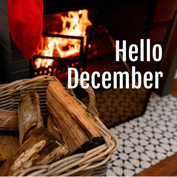 Olá Texto Dezembro Sobre Meia Natal Cesta Log Lareira Celebração — Fotografia de Stock