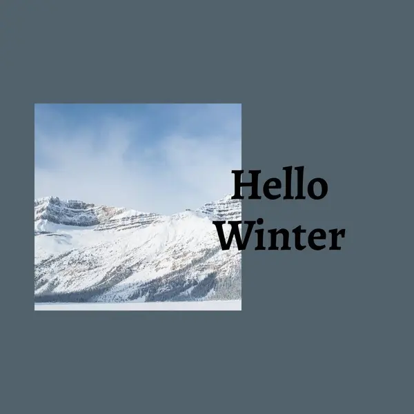 Hello winter text on grey with snow covered mountain in christmas winter landscape. Celebration of winter, nature, weather, greeting and christmas season, digitally generated image.