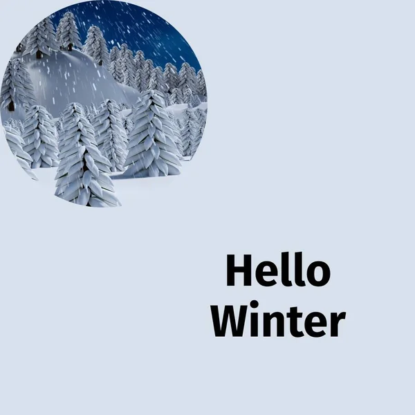 Kompozyt Powitalny Zimowy Tekst Nad Zimową Scenerią Zima Boże Narodzenie — Zdjęcie stockowe