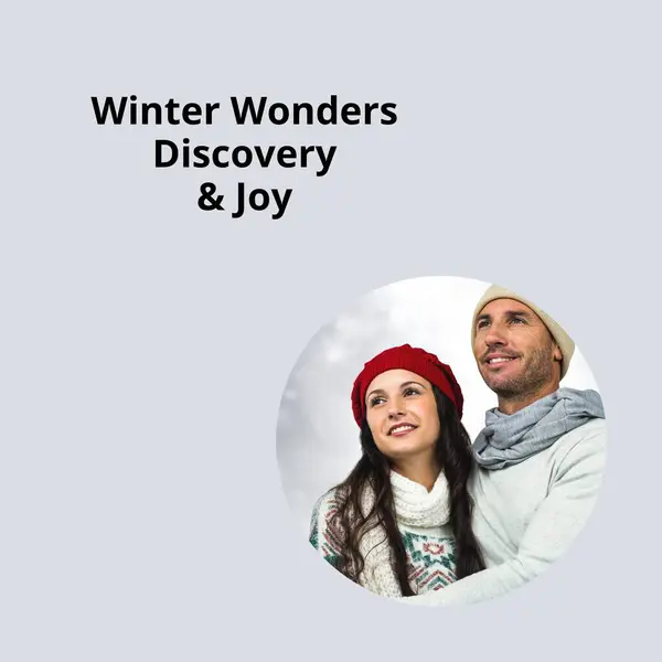Composite of winter wonders discovery and joy text over happy caucasian couple in winter scenery. Winter, christmas, seasons and celebration concept digitally generated image.