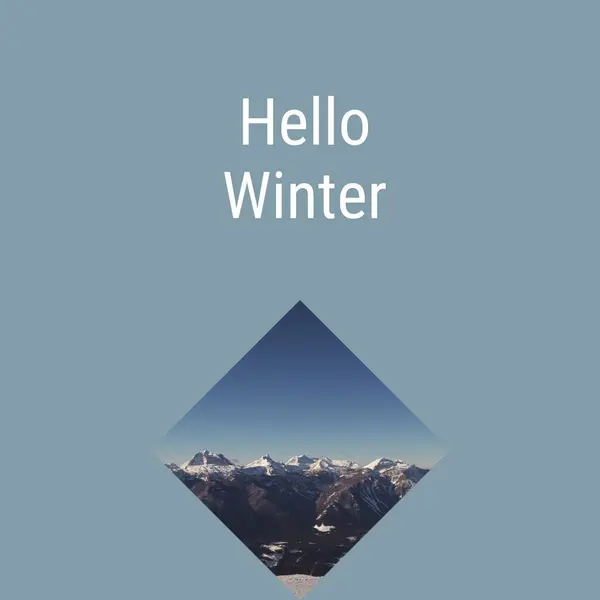 Hello winter text on blue with snow covered mountain scenery at christmas time. Celebration of winter, nature, weather, greeting and christmas season, digitally generated image.