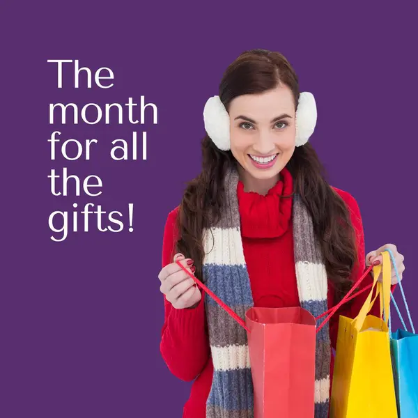 Composite Month All Gifts Text Smiling Caucasian Woman Winter Jumper — Stock Photo, Image