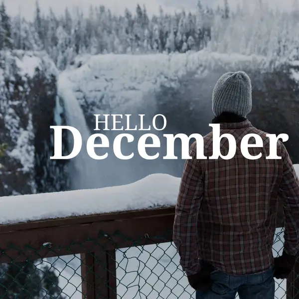 Composto Texto Olá Dezembro Sobre Mulher Caucasiana Cenário Inverno Dezembro — Fotografia de Stock