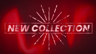 Siyah arkaplanda parlayan odaksız kırmızı dalga üzerine beyaz renkli yeni koleksiyon metninin animasyonu. Perakende satış, moda, çevrimiçi alışveriş, dijital arayüz ve dijital olarak oluşturulan iletişim videosu.