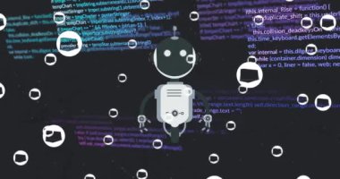 Veri işleme geçmişi üzerinde ai chat robotları ve simgelerinin animasyonu. Dijital olarak oluşturulmuş küresel yapay zeka, bağlantılar, iletişim ve dijital arayüz kavramı.