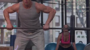 Kafkas formundaki çiftin spor salonunda halterle egzersiz yaparak borsa veri işleme animasyonu. Küresel ekonomi ve spor, fitness kavramı