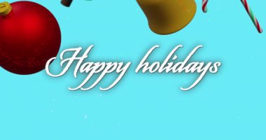 Mavi arka plandaki Noel süslemelerinde mutlu kutsal metinlerin animasyonu. Noel, gelenek ve kutlama konsepti dijital olarak oluşturuldu.