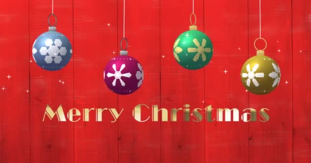 Animación Texto Navidad Feliz Adornos Navidad Sobre Fondo Rojo Navidad — Vídeos de Stock