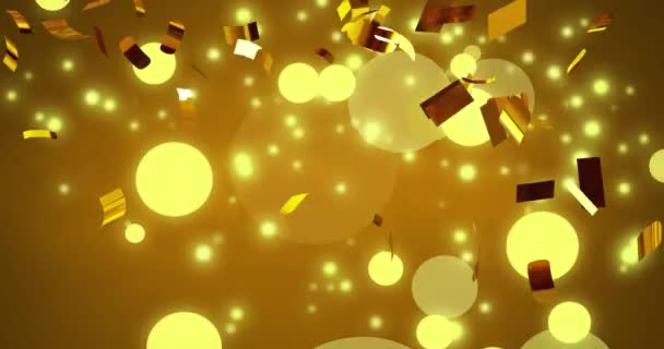 Animace Zlatých Konfet Padajících Přes Bodová Světla Žlutém Pozadí Party — Stock video