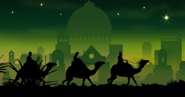 Animation Silhouette Three Wise Men Camels Cityscape Green Background Christmas — Stock Video