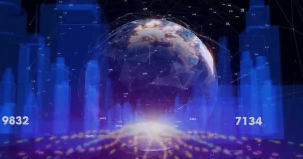 Animación Globo Giratorio Senderos Luz Sobre Modelo Ciudad Contra Fondo — Vídeo de stock