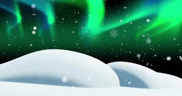 クリスマスの冬の風景を背景に雪崩とオーロラのボアリスのアニメーション クリスマス お祝いのコンセプトデジタル生成ビデオ — ストック動画