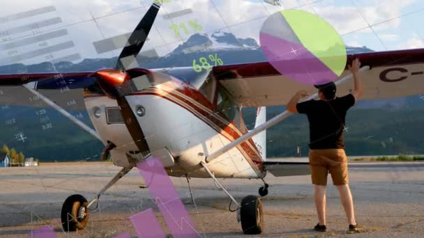 Animation Infographic Interface Caucasian Man Checking Glider Airplane Digital Composite — Stock Video