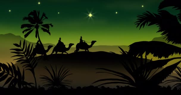 Animáció Sziluett Három Bölcs Ember Tevék Felett Trópusi Táj Zöld — Stock videók