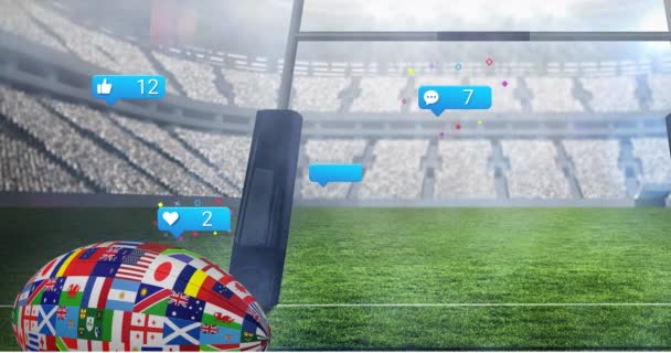 ラグビースポーツスタジアムに対するラグビーボールのソーシャルメディアアイコンや国旗デザインのアニメーション ソーシャルメディアネットワーキングとスポーツトーナメントコンセプト — ストック動画