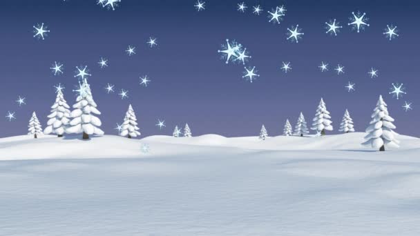 Анимация Снежинок Падающих Над Деревьями Зимнем Пейзаже Синем Фоне Концепция — стоковое видео