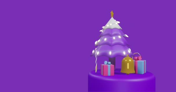 Animation Bell Sticks Gift Boxes Lights Star Tree Purple Background — Stock Video