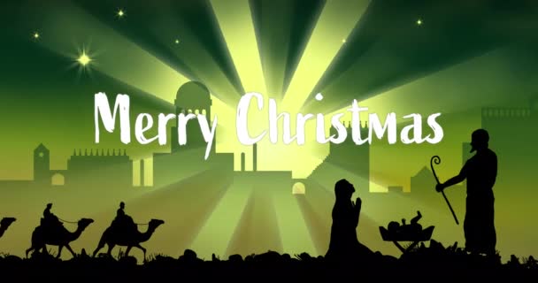 Animação Texto Feliz Navidad Sobre Presépio Com Três Homens Sábios — Vídeo de Stock