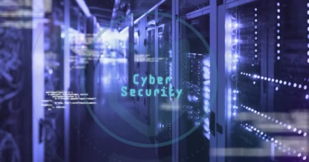 Animacja Tekstu Cyberbezpieczeństwa Powiększanie Szkła Skanującego Serwerownię Koncepcja Bezpieczeństwa Cybernetycznego — Wideo stockowe