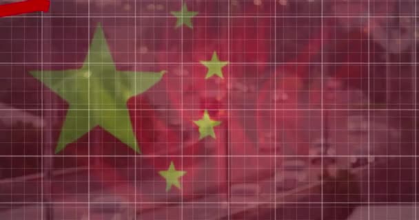 赤い線のアニメーション 中国の旗 市民景観上の財務データ処理 グローバルビジネス データ処理 デジタルインターフェースのコンセプトをデジタル生成したビデオ — ストック動画