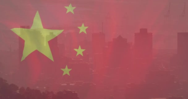 Şehir Manzarası Üzerinde Çin Bayrağı Animasyonu Küresel Finans Küresel Ekonomi — Stok video