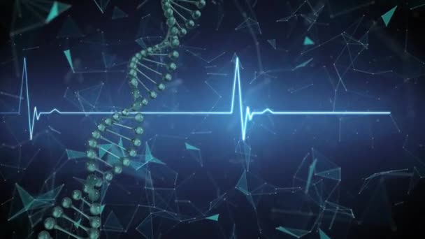 Rotating Dna Strand Blue Heartbeat Monitor Data Network Science Technology — Stock Video