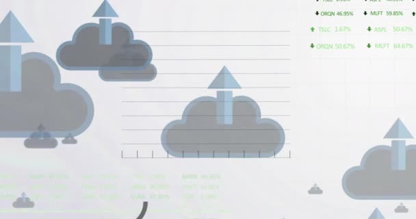 Animação Seta Nuvens Com Vários Gráficos Placas Negociação Sobre Fundo — Vídeo de Stock