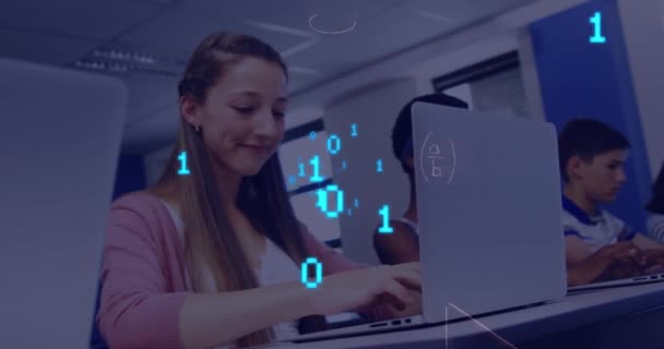 Animation Binary Codes Mathematical Equation Caucasian Girl Using Laptop Classroom — Stock Video