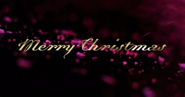 黒い背景に落ちるピンクの粒子の上のメリークリスマステキストのアニメーション クリスマス お祝いのコンセプトデジタル生成ビデオ — ストック動画