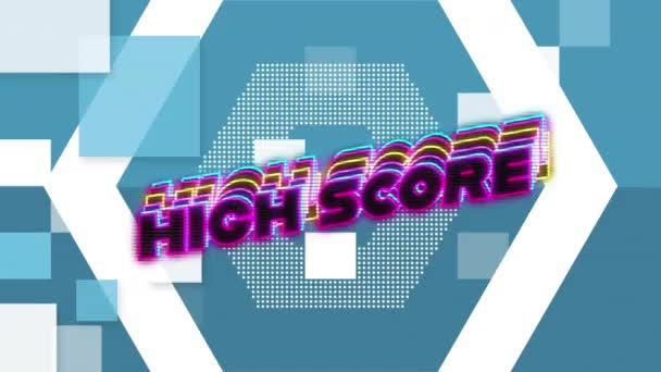 Animatie Van Neon Hoge Score Tekst Banner Tegen Zeshoekige Vierkante — Stockvideo