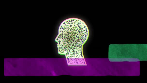 Animation Von Durchscheinenden Flüssigkeitsbändern Über Weißem Labyrinth Kopf Auf Schwarzem — Stockvideo
