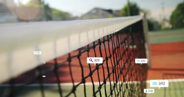数字の変化 テニスボールの上の通知バーのアイコンのアニメーション デジタル複合 複数の露出 ビジネス ソーシャルメディアリマインダー スポーツ コンペティションコンセプト — ストック動画