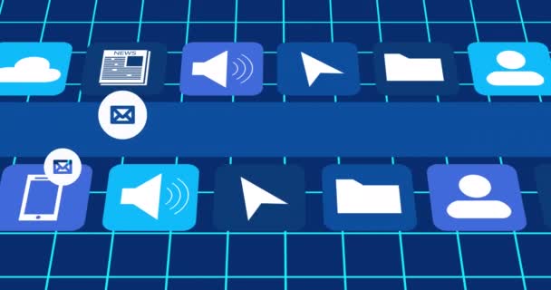 Animation Von Umschlägen Über Social Media Symbolen Auf Blauem Hintergrund — Stockvideo