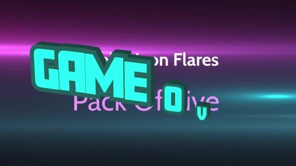 黒い背景に対する紫色と青色のライトトレイル上のテキストバナー上のゲームのアニメーション ビデオゲームとエンターテインメント技術のコンセプト — ストック動画