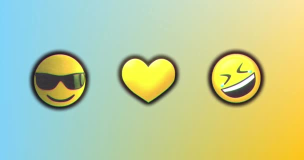 Animation Der Interferenz Über Emoji Symbole Auf Blauem Und Gelbem — Stockvideo