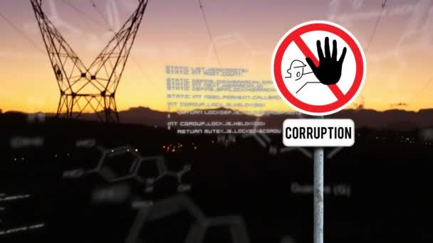 Animering Stop Curruption Skylt Kemiska Strukturer Databehandling Mot Nätverkstorn Begreppet — Stockvideo