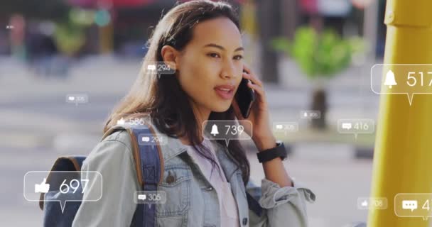 Animation Social Media Data Processing Asian Woman Using Smartphone City — Stock Video
