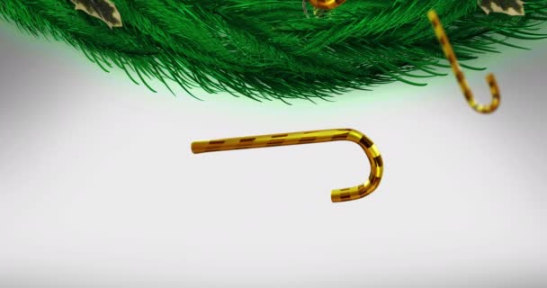 Animatie Van Suikerriet Kerstversieringen Dennenbomen Takken Witte Achtergrond Kerst Traditie — Stockvideo